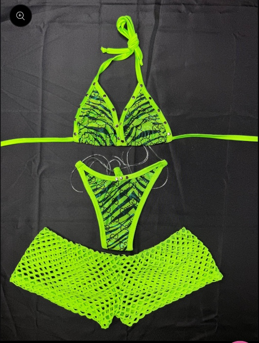 Neon Green Tiger Print Bikini/Fishnet Shorts Three-Piece Lingerie Outfit | S