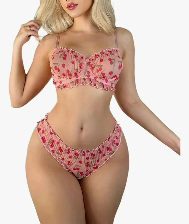 OYOANGLE Women's 2 Piece Lingerie Set Cute Cherry Print Mesh Underwire Bra | Valentines Day, Cute Frilly Thongs and Panty, Halloween Lingerie, Sexy Halloween Costumes