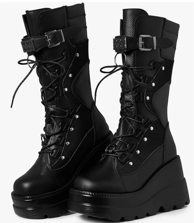 Tscoyuki Womens Goth Platform Boots Chunky Wedge Heel Rave Combat Boots Lace Up and Zipper Round Toe Mid Calf Boot for Concert Festival