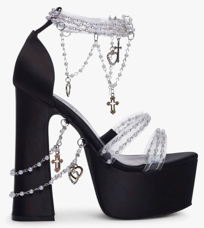 Dolls Kill Holy Revelation Platform Heels by Sugar Thrillz, Velvet Heels with Pearl Beads & Adjustable Straps