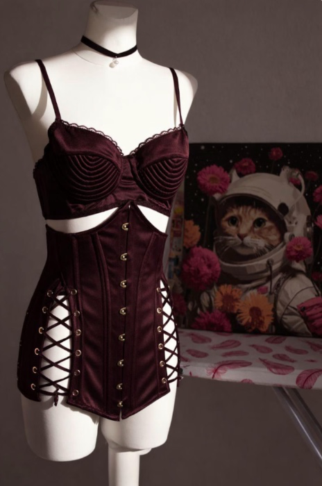 Burgundy Corset Lingerie Set, Underbust Corset Set | Etsy