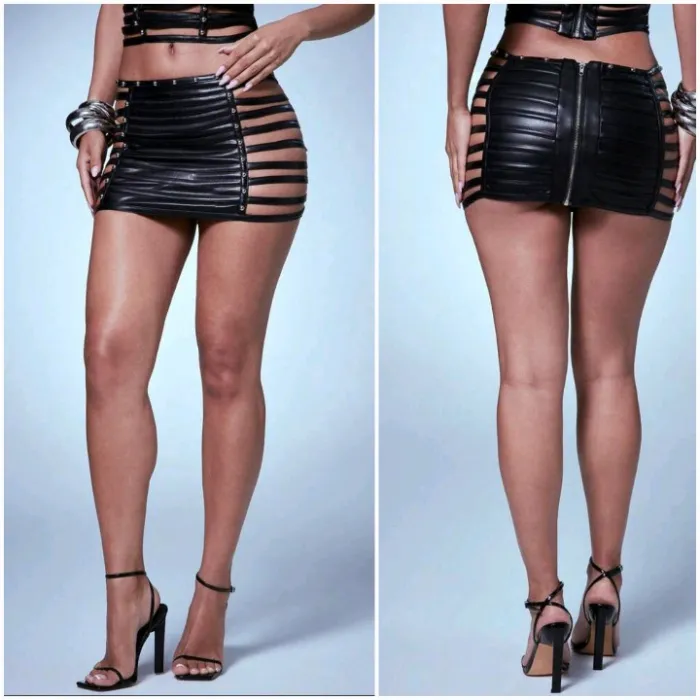 Strappy Cut Out Leather Mini Skirt