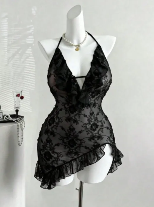 V-Neck Lace Mesh Bodycon Dress