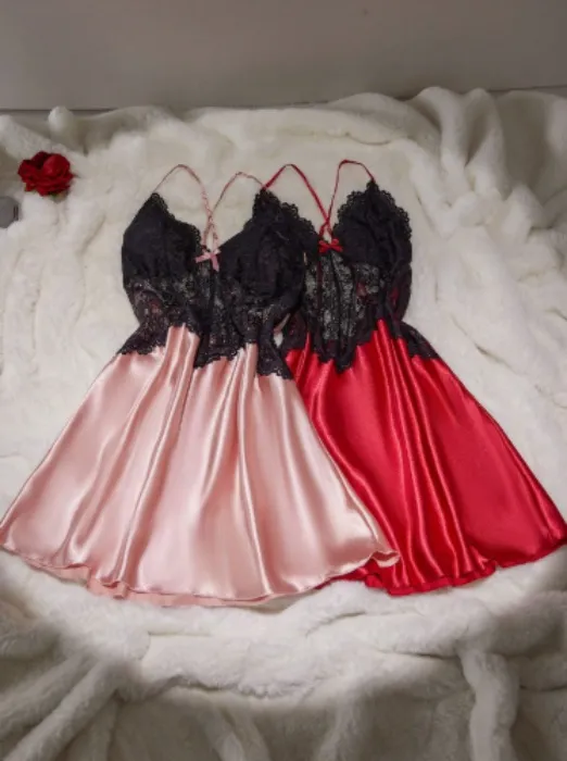 Lace Top, Silk Bottom Nightdress Lingerie Set Of 2