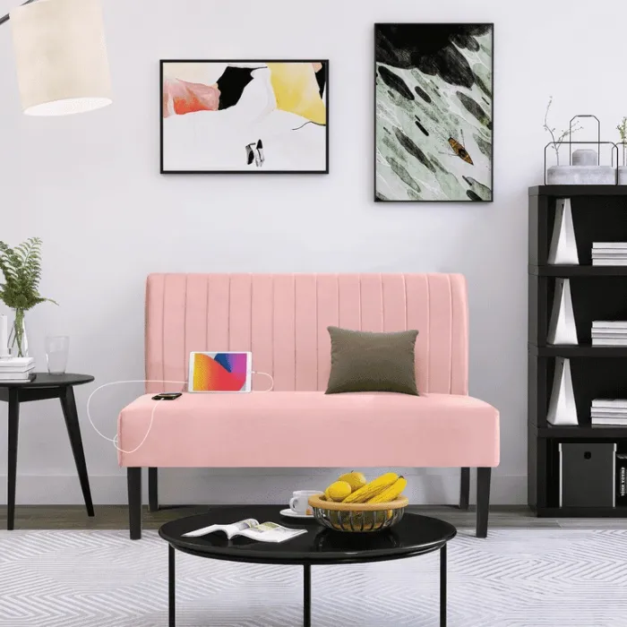 LAZZO 43" Mini Small Comfy Couch Armless Loveseat Sofa with USB Port, Pink