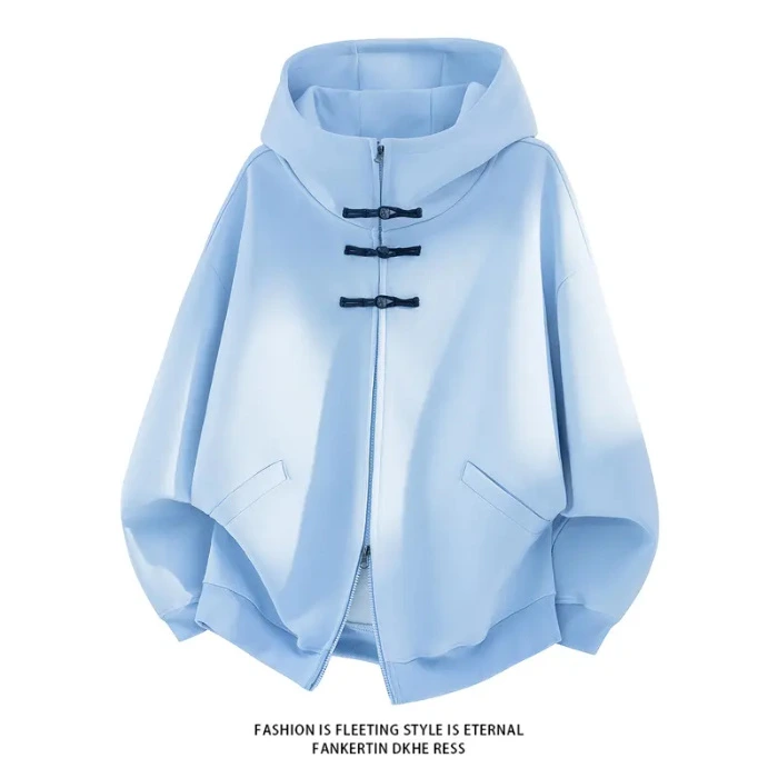 Men's Plain Frog-Button Color-Contrast Hooded Sweatshirt - Menswear Tops, Versatile Casual Fashion Outerwear Jacket