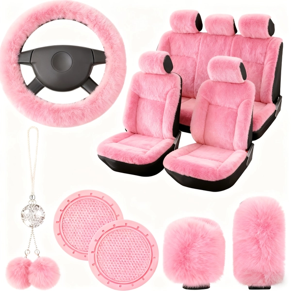 TEMU 11 Plush Car Seat Covers Set/universal Plush Car Seat Covers/fashionable Plush Steering Wheel Covers/fluffy Soft Covers/fashionable Rearview