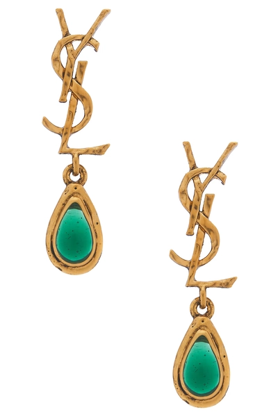 Saint Laurent YSL Mini Drop Earrings in Green,Metallic Gold