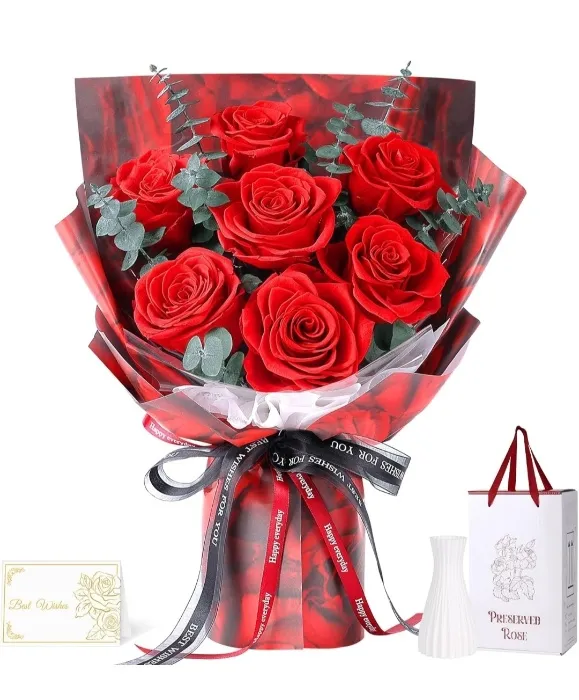 Bouquet de 7 Roses Eternelles Rouges avec Vase