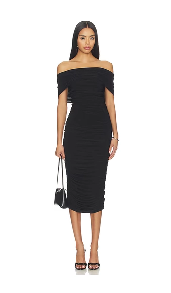 Norma Kamali Sleeveless Cowl Neck Side Shirred Dress Below Knee in Black. - size S