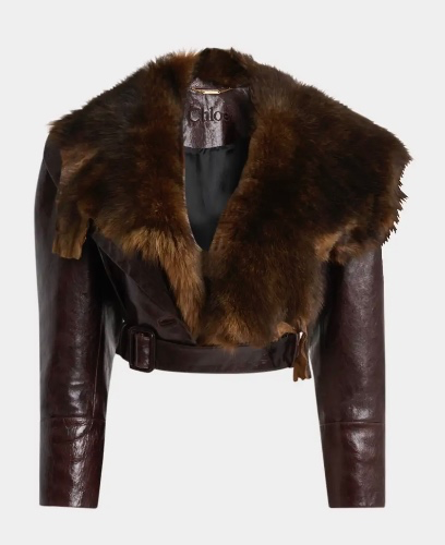 Chloe Shiny Leather Crop Moto Jacket With Removable Lamb Shearling Collar