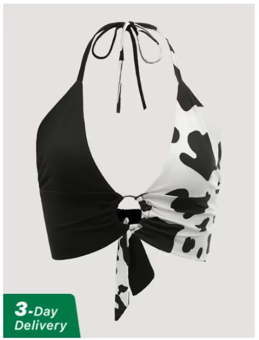 Cow Print O-ring Ruched Tie Backless Crop Halter Top