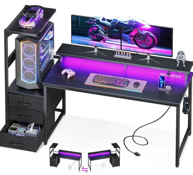 AODK 59 Inch Gaming Desk with USB Charging Ports & LED Light- Reversible Computer Desk with Storage Shelves & Monitor Stand, Modern Gamer Desk Table with Fabric Drawers & Side Hook, Carbon Fiber White