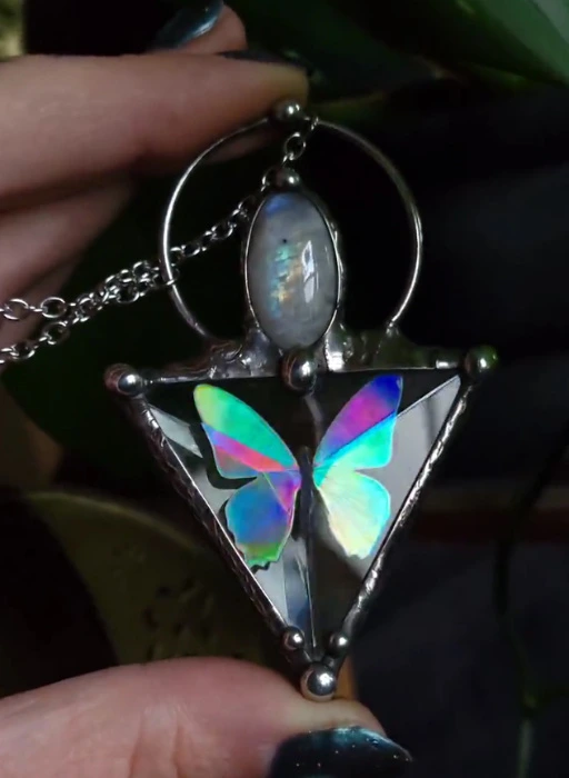 Holographic Butterfly Necklace with Moonstone – Witchy Jewelry 