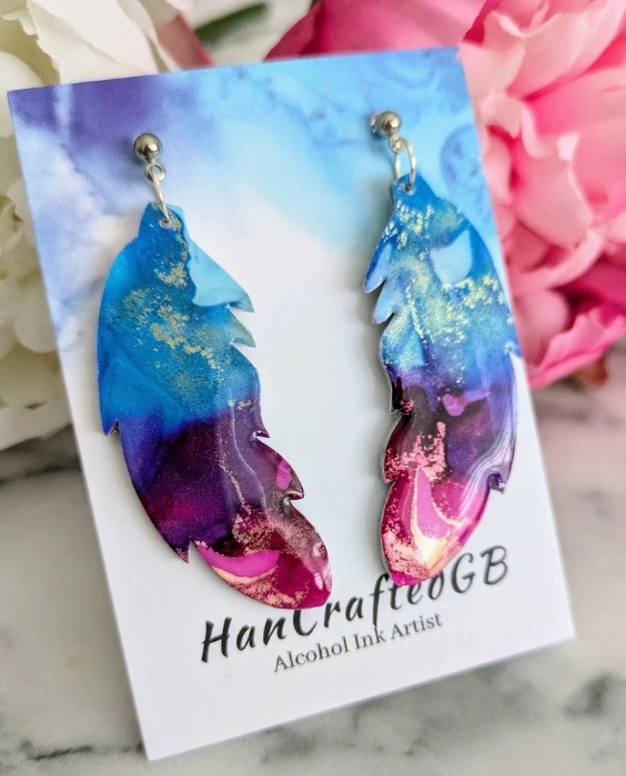 Feather Dangle Earrings: Alcohol Ink Art, Hypoallergenic Jewelry