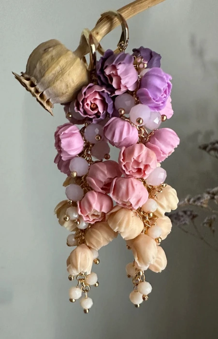 Sunset colour long earrings Peony chandelier earrings Realistic botanical handcrafted clay jewelry flower Wedding jewelry Custom order 