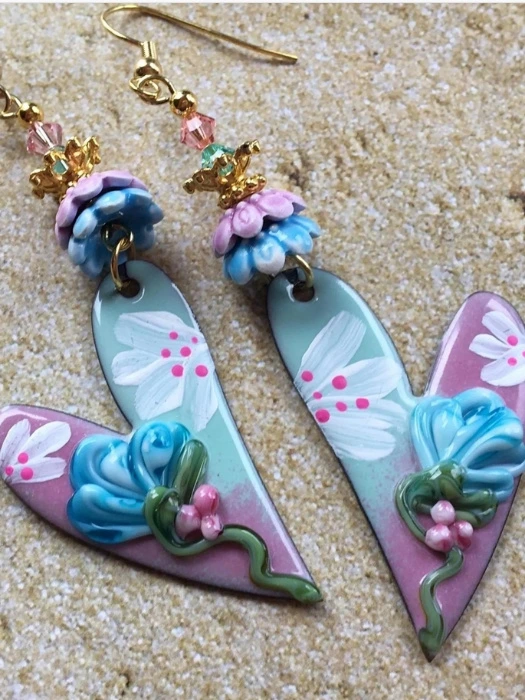 Enameled Copper Lampwork Floral Earrings: Artisan Boho Statement Jewelry-Drop 3.25" 