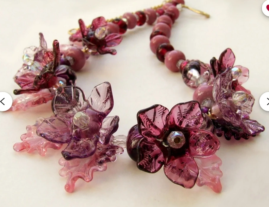 Lampwork Glass Necklace ,Delicate and Romantic wine shades, Pink Flowers Necklace