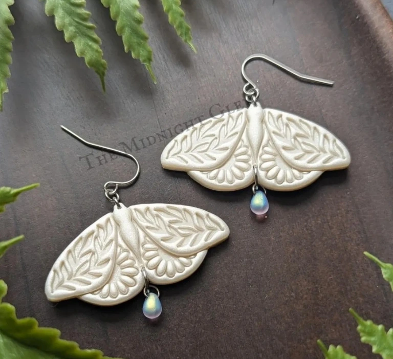 Floral Moth Earrings, Czech Glass Bead, Stainless Steel, Handmade 