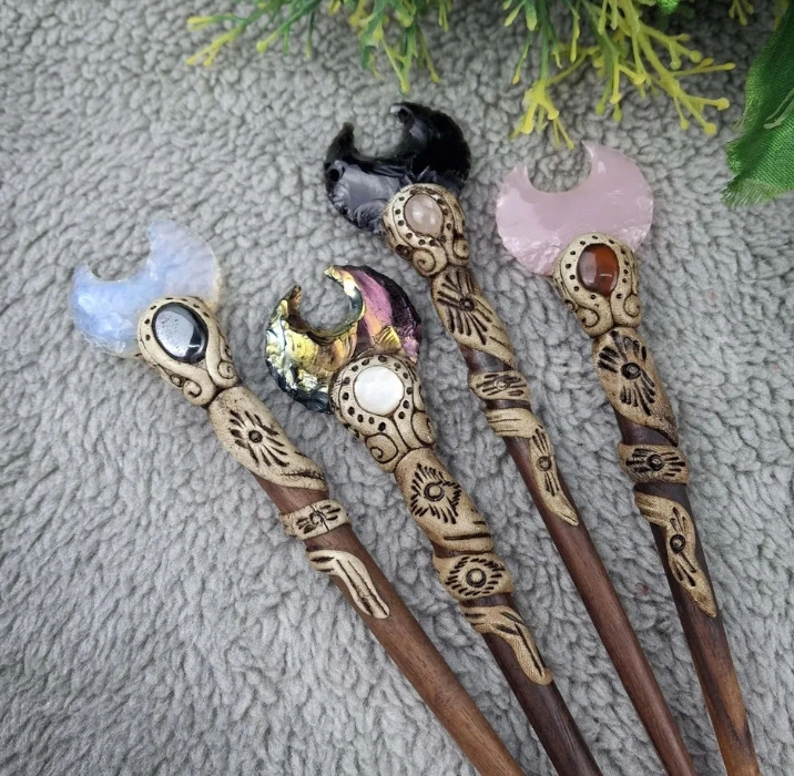 Moon hair stick Crescent Moon Shape Hair Stick Crystal Healing Stone Hair Stick Rose Quartz Black Obsidian Hair Stick Carved Opalite stick