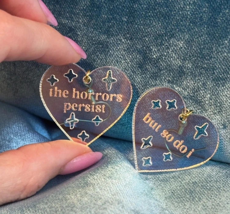 Horrors Persist Heart-Shaped Earrings, Iridescent Frosted Acrylic, Handmade Shimmer Multi-Color Statement Jewelry, Dangle Hoop Drop Earring 