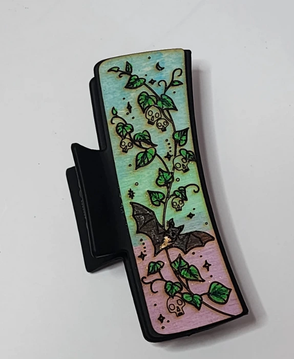 Spooky Floral Bat Hand Painted Wood Accented 4" Claw Hair Clip 