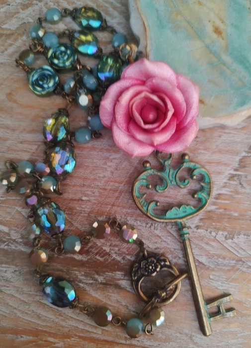 Patina Key Pendant Necklace * Shabby Chic * Artisan Polymer Rose * Feminine Floral Necklace 