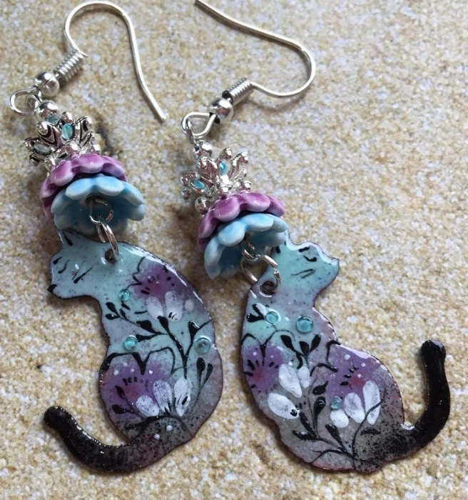 Enameled Copper Floral Cat Earrings: Artisan Enameled Beads, Boho Statement Jewelry-Drop 2.5"