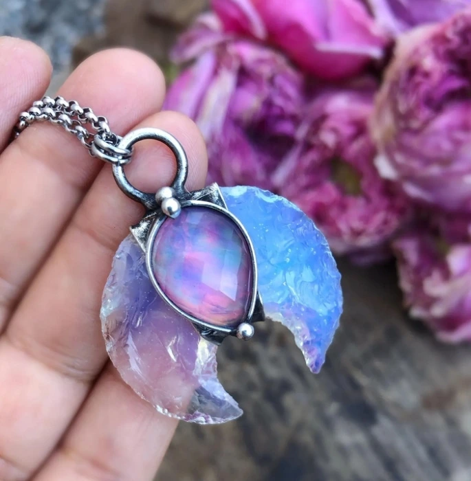 Opalite Crescent Moon And Aurora Opal • One Of A Kind • Metalwork • Opal Pendant 