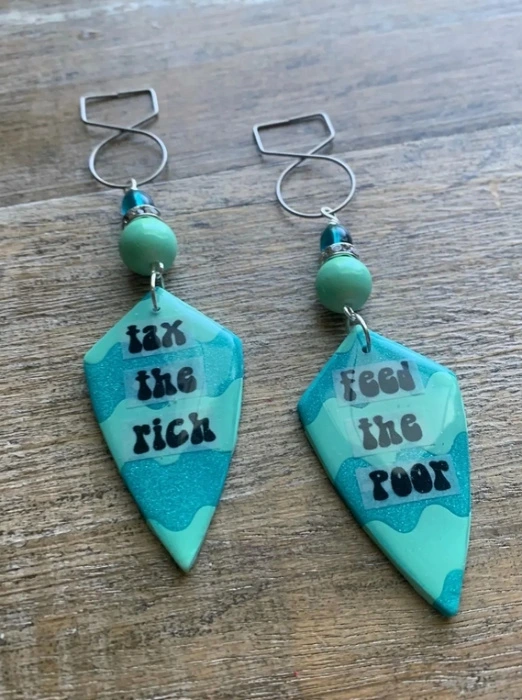 Tax the Rich Feed the Poor Art Deco Eat The Rich Tunnel Gauge Earrings Clay MCM Modern Activist Anti Capitalism Eat The 1% Clip On Earrings 