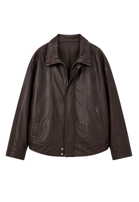 Firelady Fur Vintage Waxed Sheepskin Oversized Stand Collar Leather Jacket "Flight Notes" | Burgundy wine / L（12-14）
