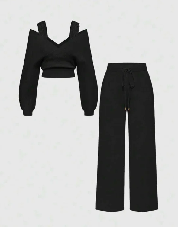 ROMWE Kawaii 1 set Femme Bretelles d'épaule Col en V Dentelle Bretelles Pantalon ample à jambes larges Tricot confortable Deux pièces