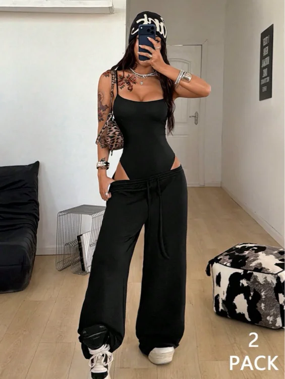 Coolane Ensemble 2 pièces pour femme style concert d'été, street style Y2K minimaliste décontracté, body sans manches délavé effet usé et pantalon ample taille basse
