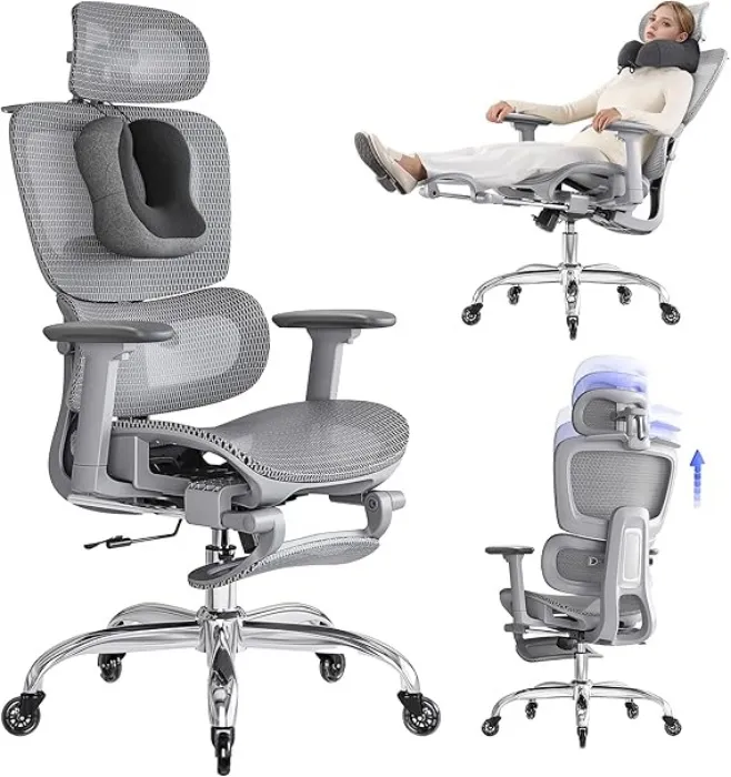 LarkLeaves Ergonomic Office Chair with Footrest, 2D Lumbar Support and 3D Headrest with Hanger, Breathable Mesh Chair 145° Reclining for Home Work/Home, Grey : Amazon.com.be: Home & Kitchen