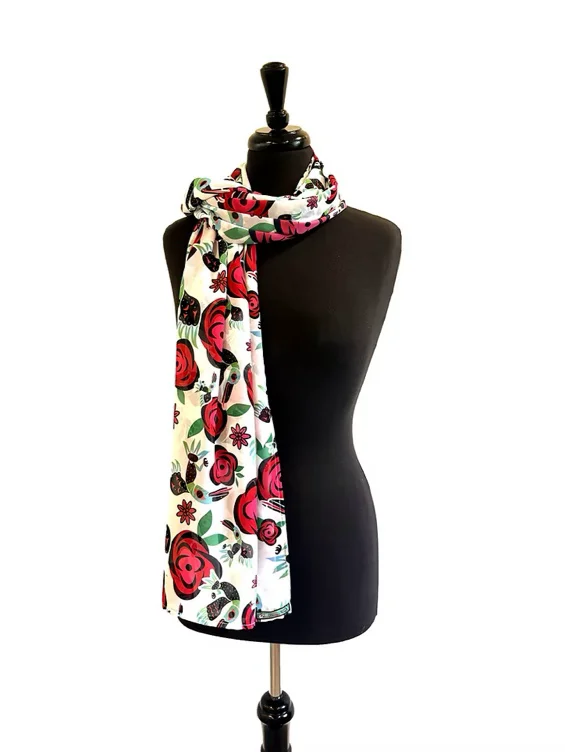 Hummingbird and Roses Chiffon Scarf