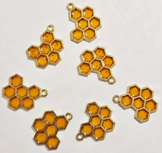 6 Pcs Honeycomb Charms, Yellow Resin Bee Hive Gold Tone Charm, #CM113