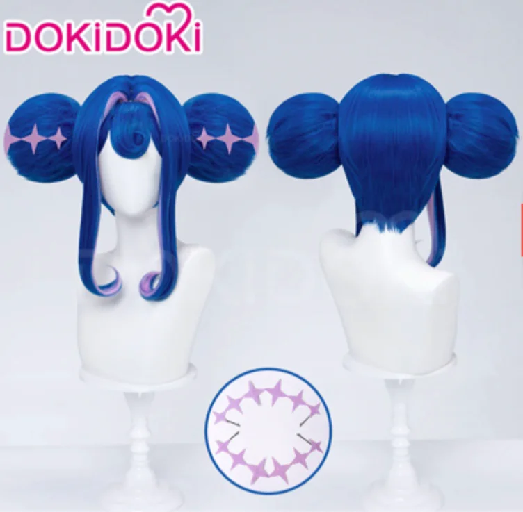 【Normal Ver Ready For Ship】DokiDoki Anime Cosplay Wig Blue Pink Highlight Hair Double Buns | Broken Ver. Wig Only-Order Processing Time Refer to Description Page