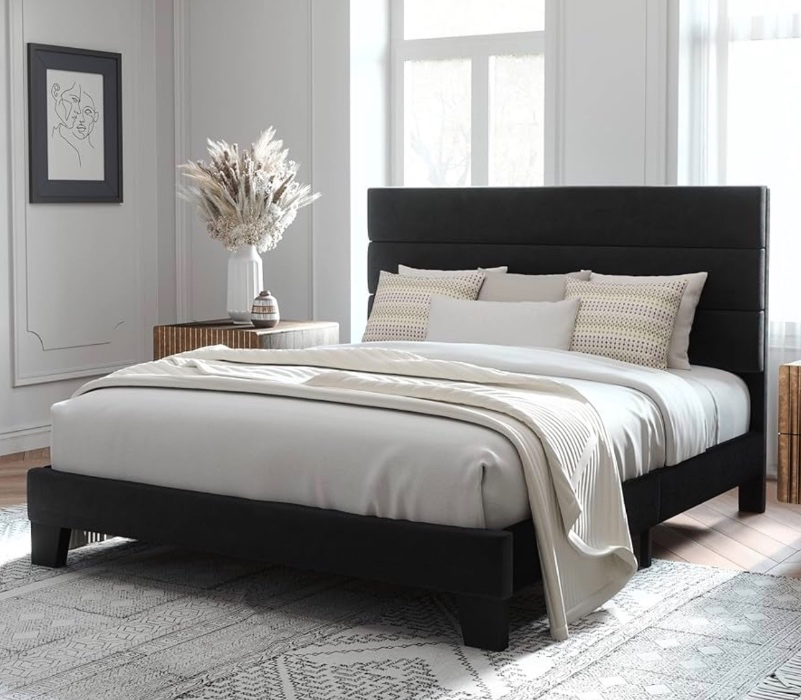  Queen Size Platform Bed Frame with Velvet Upholstered Headboard and Wooden Slats Support, Fully Upholstered Mattress Foundation/No Box Spring Needed/Easy Assembly, Black