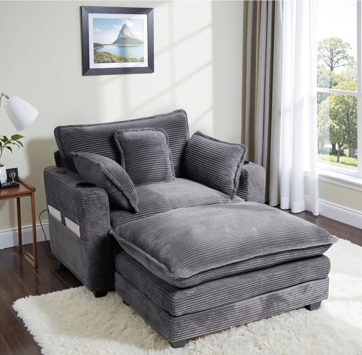 Corduroy Oversized Chair with Ottoman - 44" W Large Comfy Accent Chair and Ottoman Set, Modern Single Sofa Armhair with USB Port & Cup Holders, Cloud Chaise Lounge for Living Room (Grey)