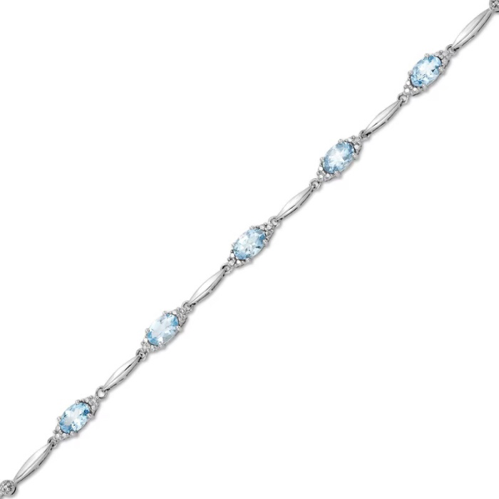 Oval Aquamarine and Diamond Accent Station Bracelet in Sterling Silver - 7.25" | Zales