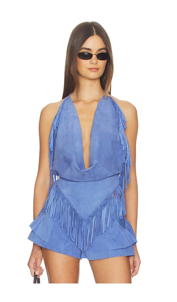 Understated Leather Fringed Halter Top in Blue. - size S
