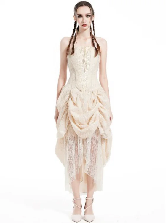 Pentagramme Beige Gothic Steampunk Lace Strapless Bustier High-Low Dress - DarkinCloset.com