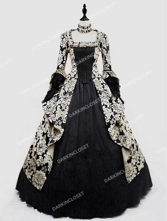 Rose Blooming Black and Gold Marie Antoinett Gothic Victorian Ball Gown Dress - DarkinCloset.com