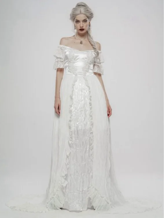 Punk Rave White Vintage Gothic Victorian off-the-Shoulder Long Dress - DarkinCloset.com