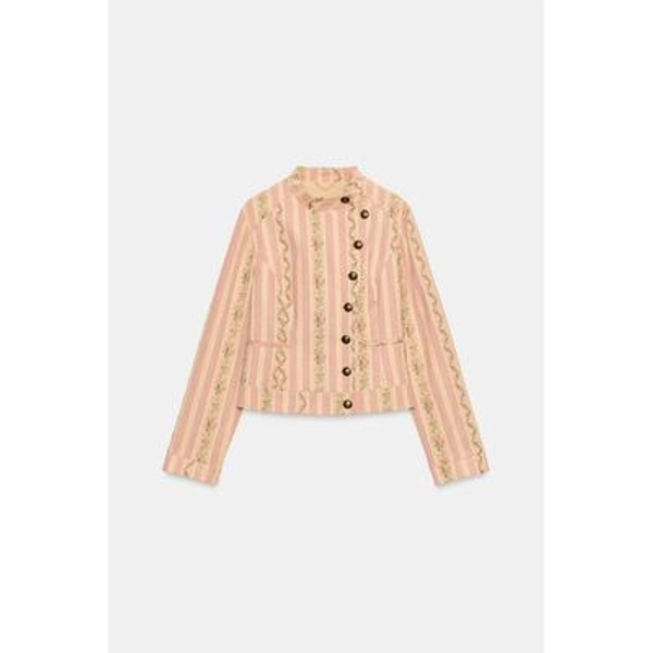 Zara - Striped Floral Jacquard Jacket - Pink - L - Woman
