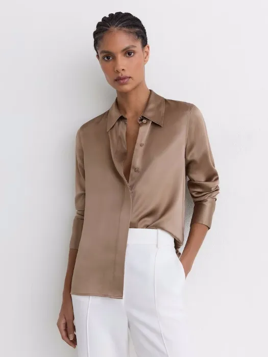 Reiss Silk-Satin Concealed-Placket Shirt in Taupe