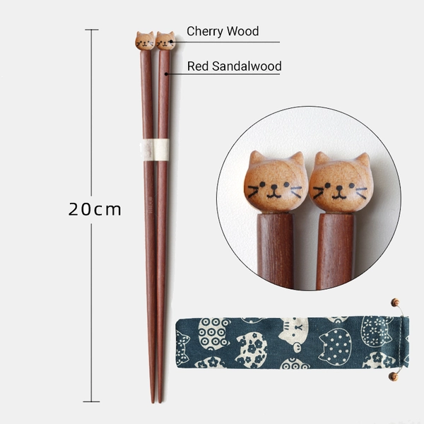 Handmade Cat Chopsticks Wood Chopstick Set Cat Lover Gifts 20cm - Cherry Wood