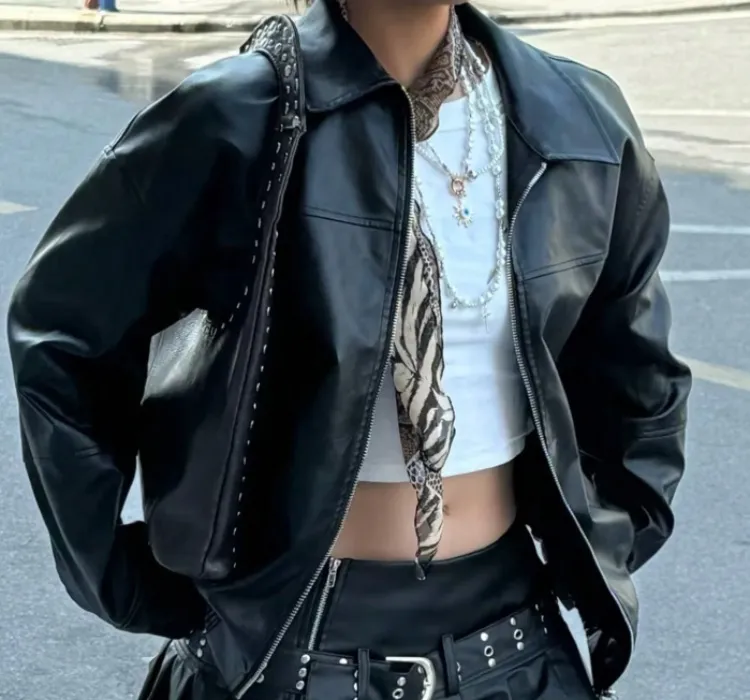 INAWLY - Black Faux Leather Jacket