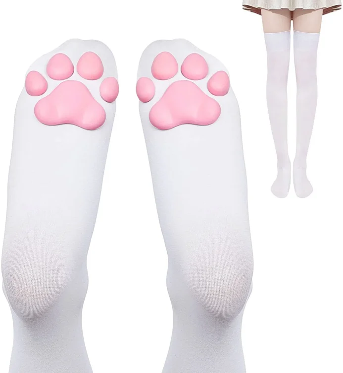 Wht | Thigh-High KittyPaw Socks