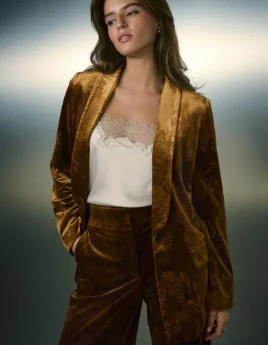 Ochre Yellow Embossed Velvet Single Breasted Blazer